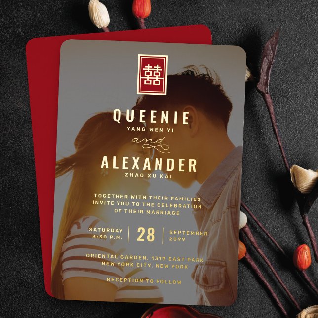 Invitación Con Relieve Metalizado Rectángulo de doble felicidad foto Boda chino (Red/Gold Classic Rectangle Double Happiness Modern Chinese Wedding Real Foil Photo Invitation)