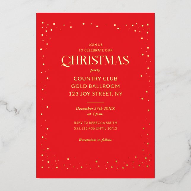 Invitación Con Relieve Metalizado Red Christmas Holiday Luxury Real (Anverso)
