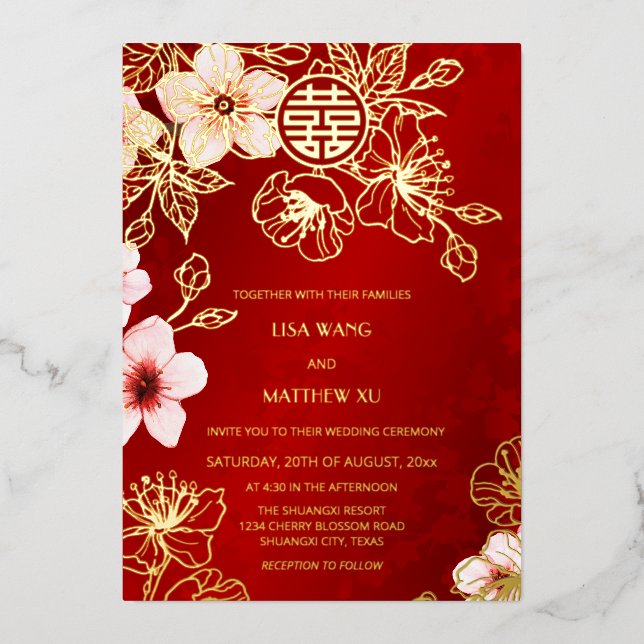 Invitación Con Relieve Metalizado Red Gold Cherry Blossom Chinese Wedding (Anverso)