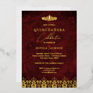 Invitación Con Relieve Metalizado Red Gold Elegant Damask Tiara Quinceanera