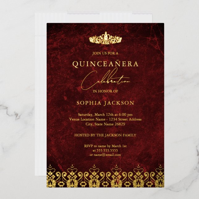 Invitación Con Relieve Metalizado Red Gold Elegant Damask Tiara Quinceanera (Sobre)