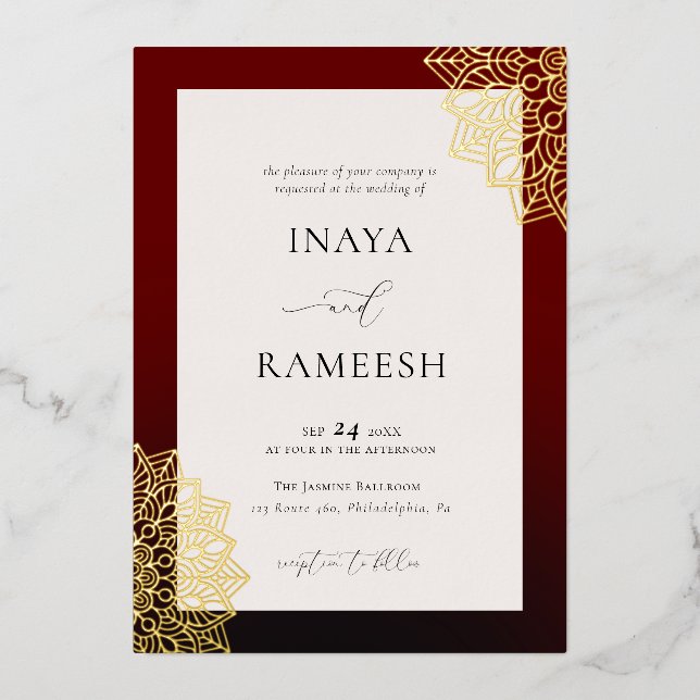 Invitación Con Relieve Metalizado Red Gold Mandala (Anverso)