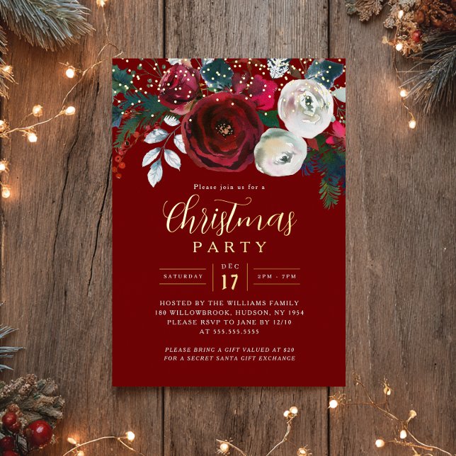 Invitación Con Relieve Metalizado Red Gold Sparkle Festive Foliage Christmas Party  (Subido por el creador)
