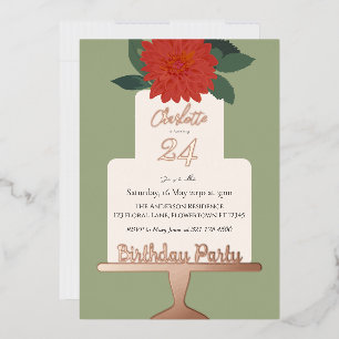 Invitación Con Relieve Metalizado Red Moderna Floral Cake fiesta de cumpleaños