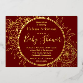 Invitación Con Relieve Metalizado Red oscura y Gold Moderno Peony Toile Baby Shower