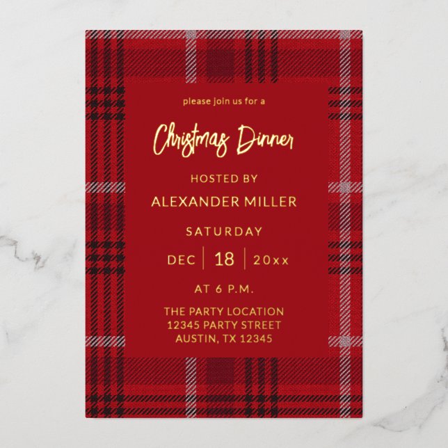 Invitación Con Relieve Metalizado Red Plaid Flannel Navidades de vacaciones tu texto (Anverso)