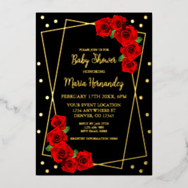 Invitación Con Relieve Metalizado Red Rose Black and Gold Baby Shower