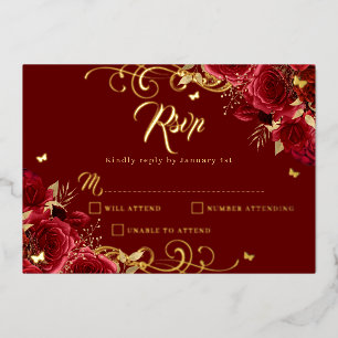 Invitación Con Relieve Metalizado Red Rose Floral Gold Swirl Quinceanera