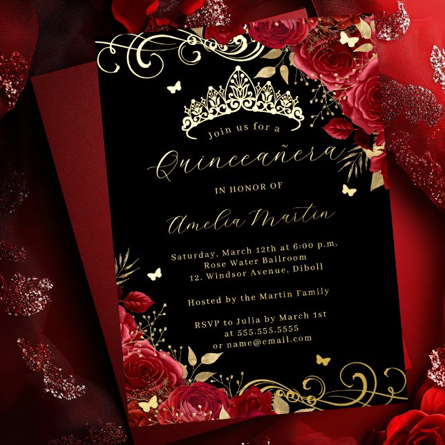 Invitación Con Relieve Metalizado Red Rose Gold Black Floral Swirl Quinceanera (Subido por el creador)