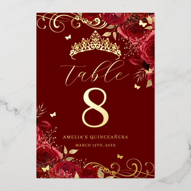 Invitación Con Relieve Metalizado Red Rose Gold Swirl Quinceanera Table Number (Anverso)