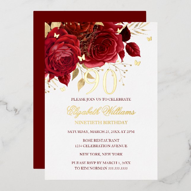 Invitación Con Relieve Metalizado Red Rose Sparkling Butterfly 90th Birthday  (Anverso/Reverso)