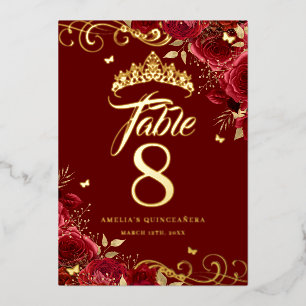 Invitación Con Relieve Metalizado Red Rose Swirl Quinceanera Gold Table Number