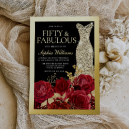 Invitación Con Relieve Metalizado Red Roses & Black 50th Birthday Gold