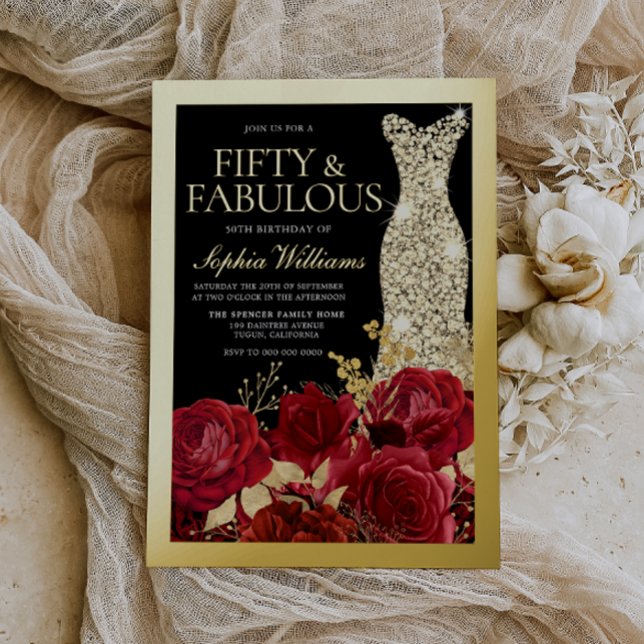 Invitación Con Relieve Metalizado Red Roses & Black 50th Birthday Gold (Subido por el creador)