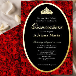 Invitación Con Relieve Metalizado Red Roses Elegant Gold Floral Quinceanera  