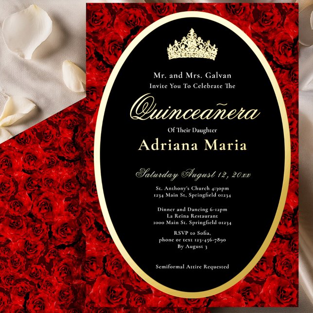 Invitación Con Relieve Metalizado Red Roses Elegant Gold Floral Quinceanera   (Subido por el creador)