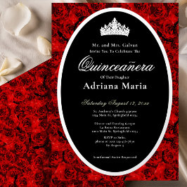 Invitación Con Relieve Metalizado Red Roses Elegant Silver Floral Quinceanera  