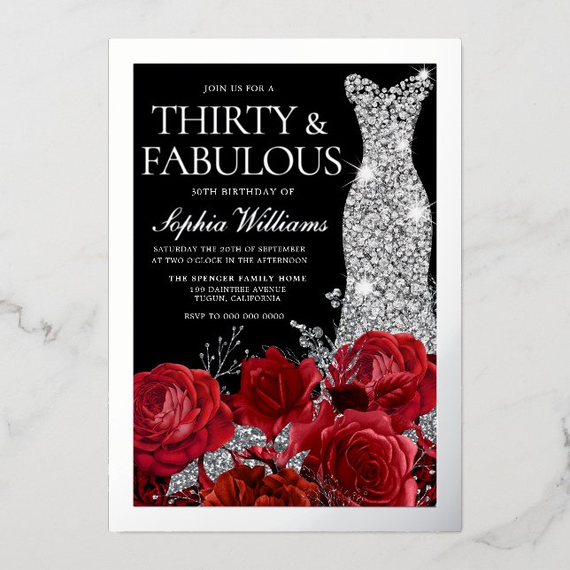Invitación Con Relieve Metalizado Red Roses & Silver Foil Black 30th Birthday (Anverso)