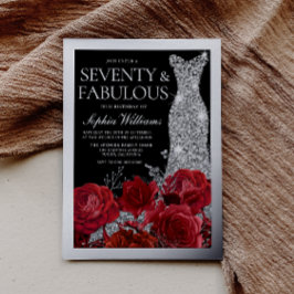 Invitación Con Relieve Metalizado Red Roses & Silver Foil Black 70th Birthday