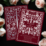 Invitación Con Relieve Metalizado Red Royal Medieval Silver Sword Wedding<br><div class="desc">Celebrate your special day with this Royal Medieval Sword Wedding design on a red background. This design features a frame with a sword and flowers. The silver on the back of this product is printed in flat colors and is NOT real foil.</div>