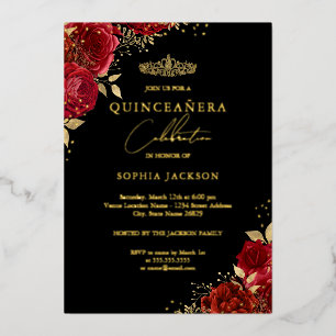 Invitación Con Relieve Metalizado Red Tiara Floral Gold Quinceanera