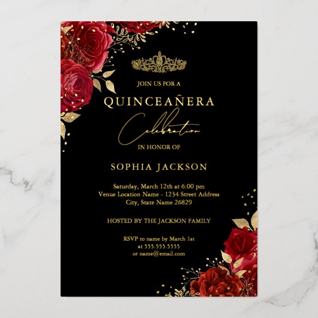 Invitación Con Relieve Metalizado Red Tiara Floral Gold Quinceanera (Anverso)