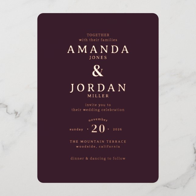 Invitación Con Relieve Metalizado Refined Maroon Calligraphy Wedding Invitation (Anverso)