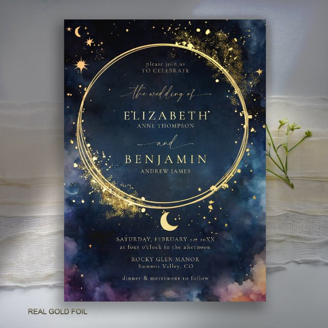 Invitación Con Relieve Metalizado Regalo celeste Boda Estrella romántica azul median (celestial wedding invitation gold foil watercolor starry night sky galaxy universe astrology navy)