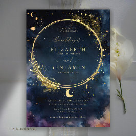 Invitación Con Relieve Metalizado Regalo Celestial Azul Medianoche Elegante Boda de
