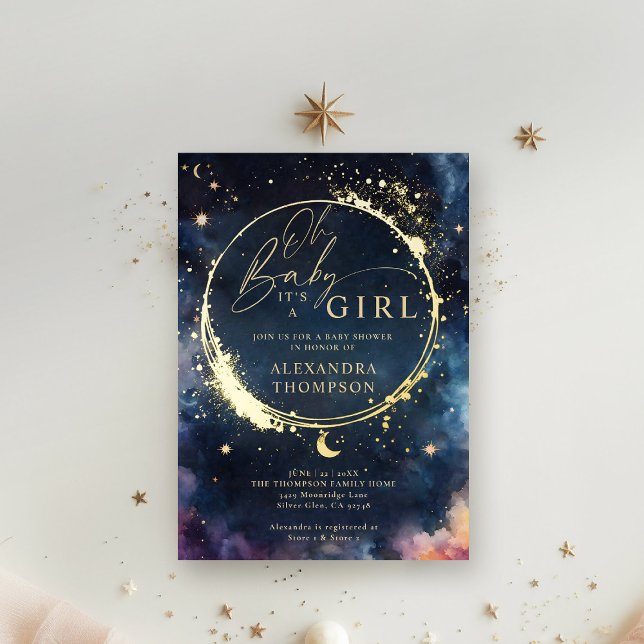 Invitación Con Relieve Metalizado Regalo Celestial Medianoche Azul Elegante Baby Sho (celestial baby shower invitation twinkle star moon cosmos galaxy dark navy blue gold foil invite)