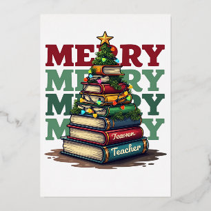 Invitación Con Relieve Metalizado Regalo para Maestro Feliz Navidad Libros para Ma