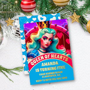 Invitación Con Relieve Metalizado Reina de Corazones Cumpleaños 3D Fiesta Dorado