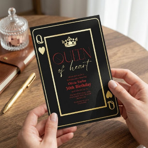 Invitación Con Relieve Metalizado Reina del corazón negro rojo dorado fiesta de cump