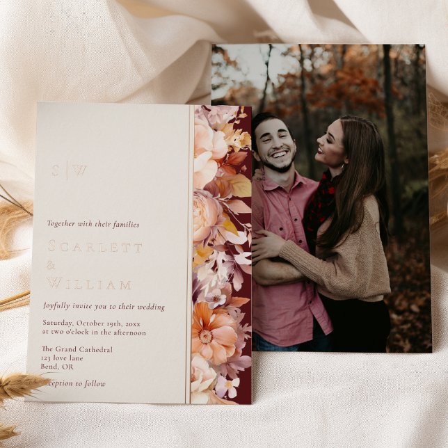 Invitación Con Relieve Metalizado RELIEVE METALIZADO Autumn Floral Burgundy Monogram (Subido por el creador)