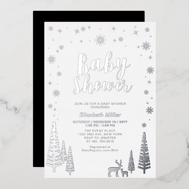 Invitación Con Relieve Metalizado Relieve metalizado Baby Shower Silver Snowflake Wi (Anverso/Reverso)