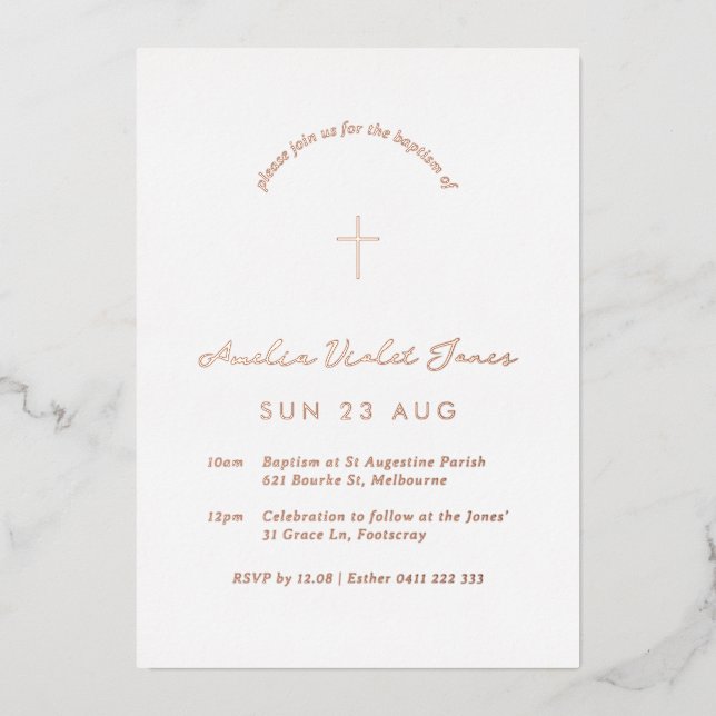 Invitación Con Relieve Metalizado Relieve metalizado Baptismo mínimo Christening Inv (Anverso)