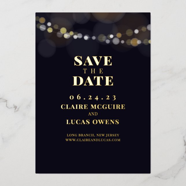 Invitación Con Relieve Metalizado Relieve metalizado Black String Lights Save the Da (Anverso)