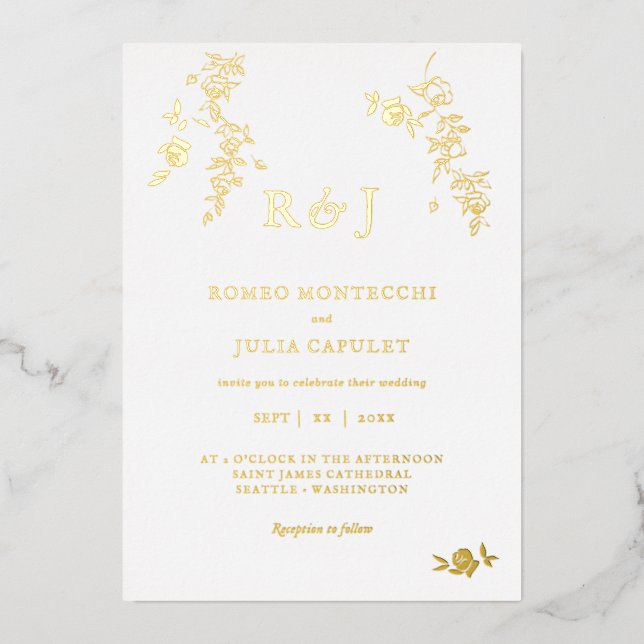 Invitación Con Relieve Metalizado Relieve metalizado Boda floral romántico dorado (Anverso)