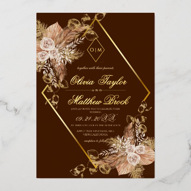 Invitación Con Relieve Metalizado Relieve metalizado Boho Burgundy Diamond Gold Boda (Anverso)