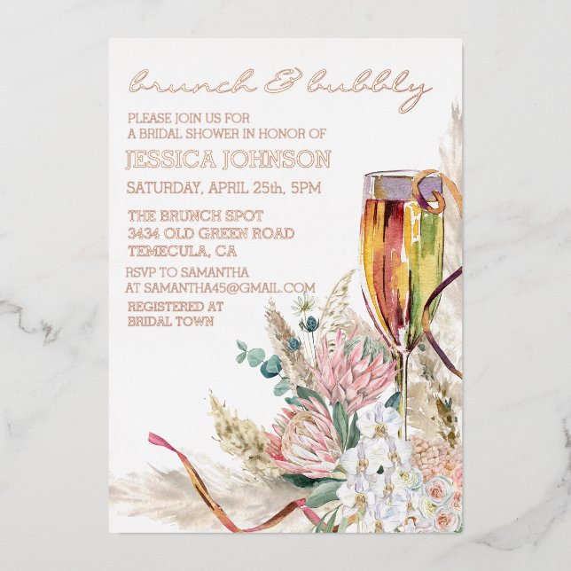 Invitación Con Relieve Metalizado Relieve metalizado Brunch Bubbly Bridal Shower Boh (Anverso)