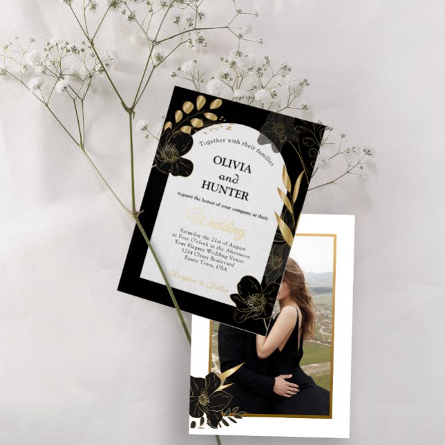 Invitación Con Relieve Metalizado Relieve metalizado de Boda de fotografía floral mo (Modern White and Gold Floral Photo Wedding Foil Foil Invitation)