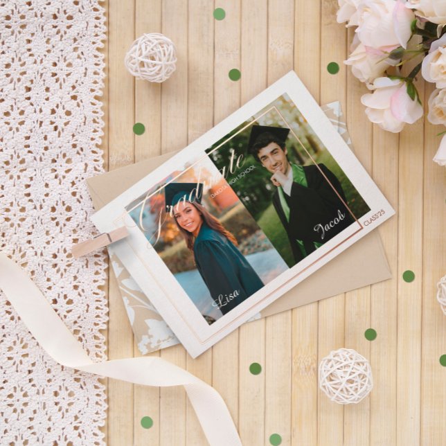 Invitación Con Relieve Metalizado Relieve metalizado de Invitación de graduación tra (Traditional 2 photos graduation Announcement)
