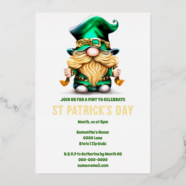 Invitación Con Relieve Metalizado Relieve metalizado de oro Leprechaun folklore Eire (Anverso)