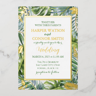 Invitación Con Relieve Metalizado Relieve metalizado de oro verde deja boda simple