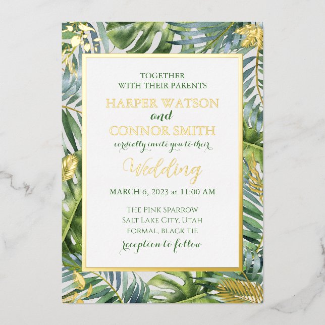 Invitación Con Relieve Metalizado Relieve metalizado de oro verde deja boda simple (Anverso)