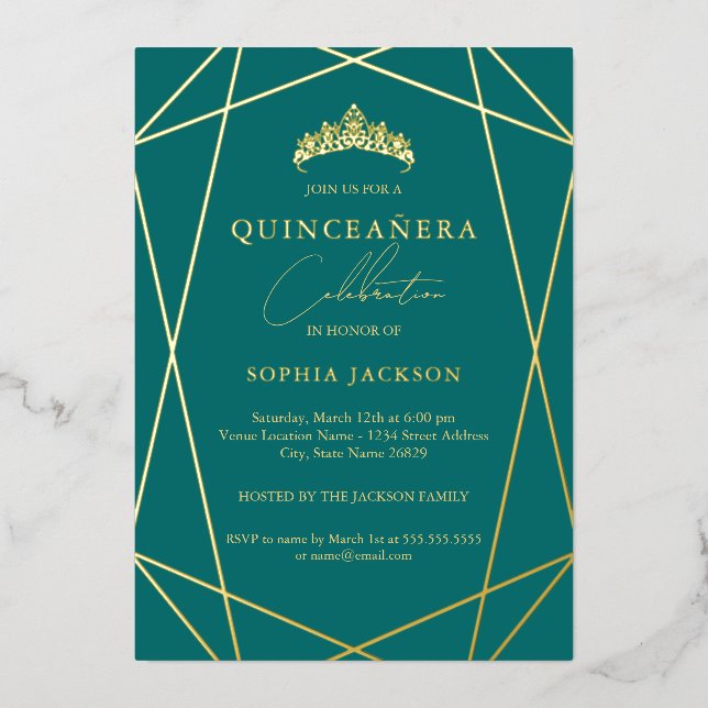 Invitación Con Relieve Metalizado Relieve metalizado de Quinceanera geométrico Verde (Anverso)
