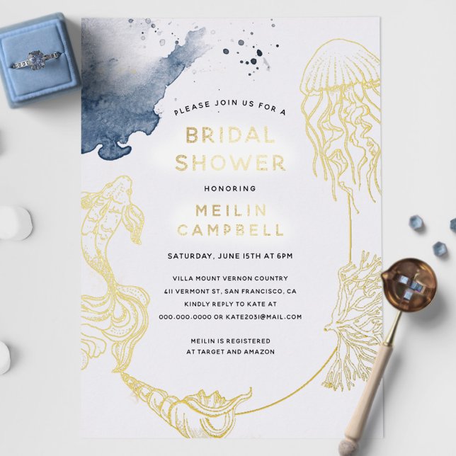 Invitación Con Relieve Metalizado Relieve metalizado dorado Beach Ocean Coastal Blue (Subido por el creador)