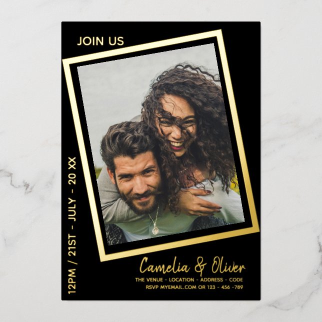 Invitación Con Relieve Metalizado RELIEVE METALIZADO DORADO Boda de FOTO Negro Códig