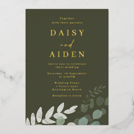 Invitación Con Relieve Metalizado Relieve metalizado dorado Boda de la hoja verde ol