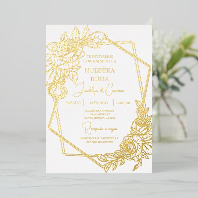Invitación Con Relieve Metalizado Relieve metalizado dorado Boda español (Anverso de pie)